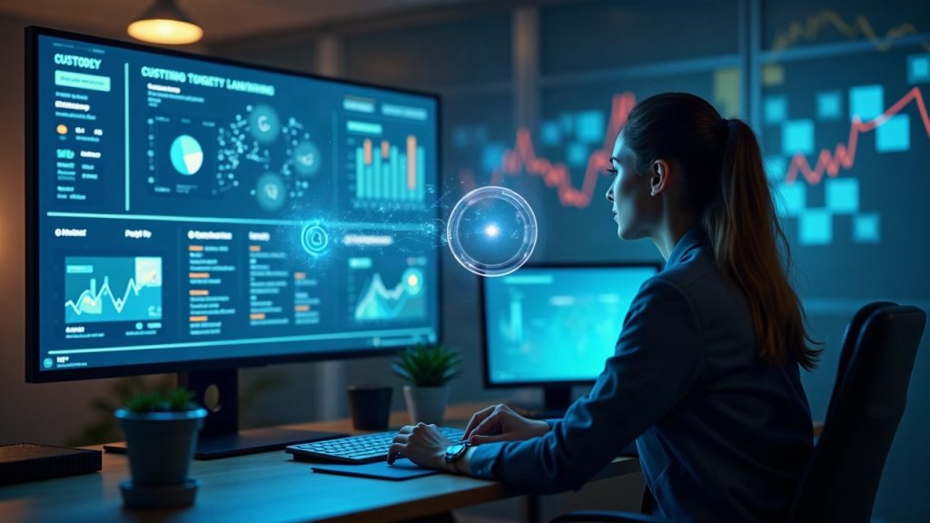Holographic dashboard of tokenized assets with custody, issuer identity, and rights icons on a blockchain backdrop.