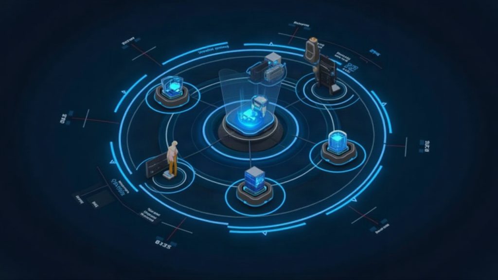 Futuristic dashboard showing ASI:One coordinating multiple AI agents with user approval.