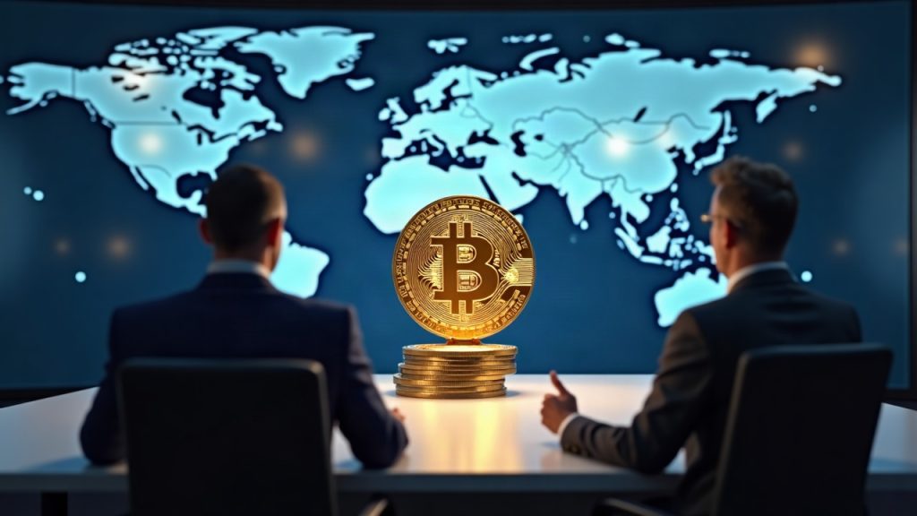 Photorealistic newsroom scene with a central stablecoin icon, GENIUS Act and MiCA symbols, and a global backdrop.