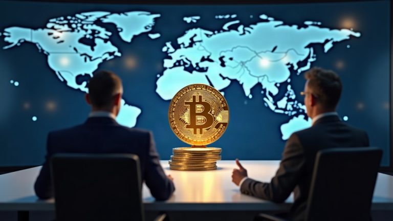 Photorealistic newsroom scene with a central stablecoin icon, GENIUS Act and MiCA symbols, and a global backdrop.