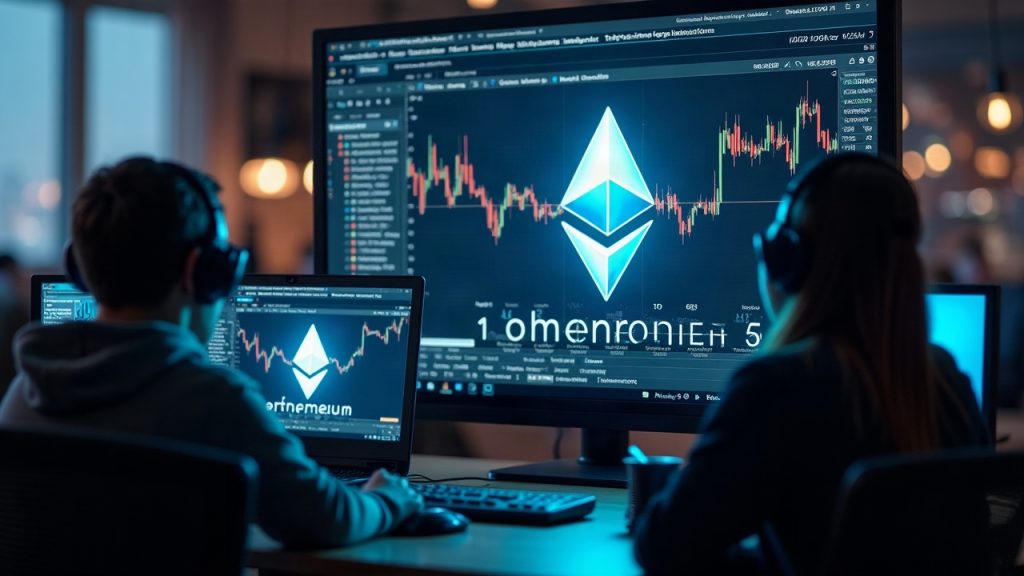 Newsroom scene showing Ethereum logo on screens, developers patching staking deposits, Hoodi testnet delay banner.