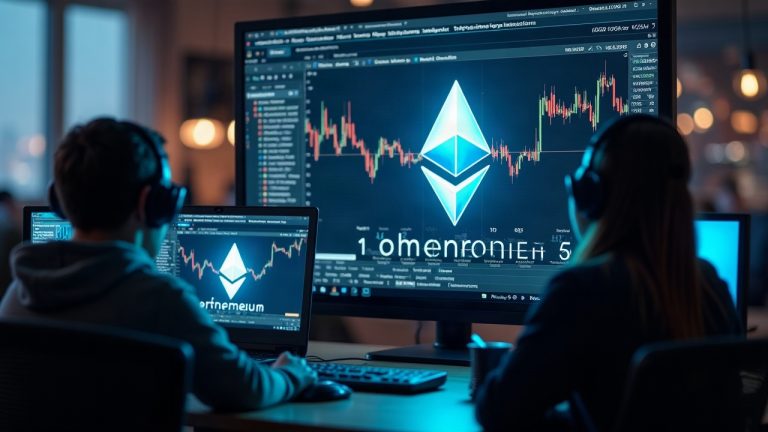 Newsroom scene showing Ethereum logo on screens, developers patching staking deposits, Hoodi testnet delay banner.