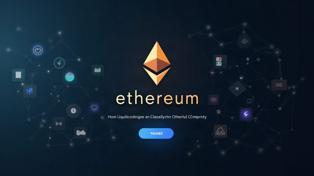 Photorealistic Ethereum network scene: paused Glamsterdam on Hoodi testnet, Ethereum logo, pause button, gas-risk icons.