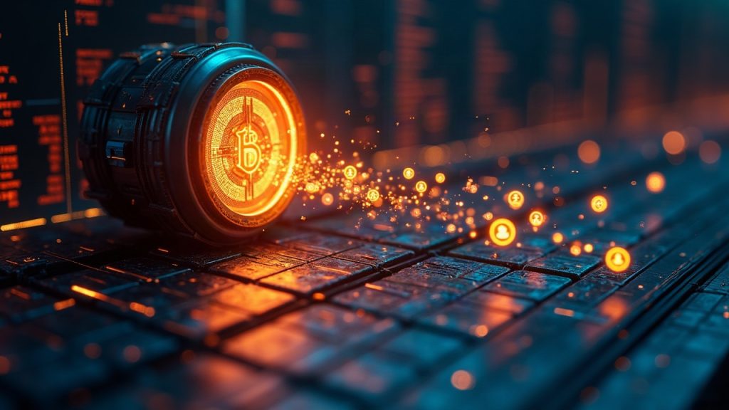 Photorealistic scene of a digital stock ledger with tokenized stock icons flowing into a burn vault beside Injective hub glow.