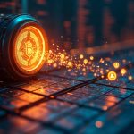 Photorealistic scene of a digital stock ledger with tokenized stock icons flowing into a burn vault beside Injective hub glow.
