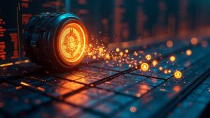 Photorealistic scene of a digital stock ledger with tokenized stock icons flowing into a burn vault beside Injective hub glow.