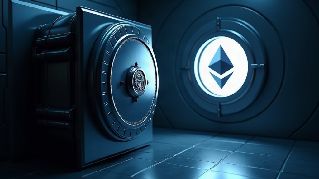 Futuristic bank vault as a glowing JPM Coin moves into an Ethereum mainnet portal, institutional settlement.