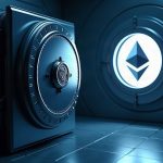 Futuristic bank vault as a glowing JPM Coin moves into an Ethereum mainnet portal, institutional settlement.