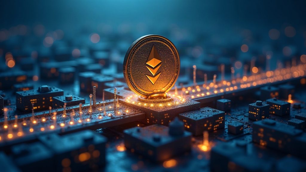 Photorealistic bank tower with a glowing Ethereum bridge; JPM Coin tokens move from private ledger to mainnet.