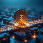 Photorealistic bank tower with a glowing Ethereum bridge; JPM Coin tokens move from private ledger to mainnet.