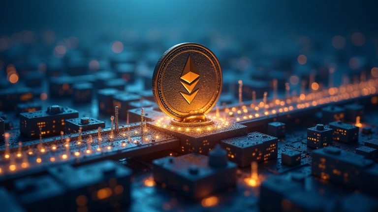 Photorealistic bank tower with a glowing Ethereum bridge; JPM Coin tokens move from private ledger to mainnet.