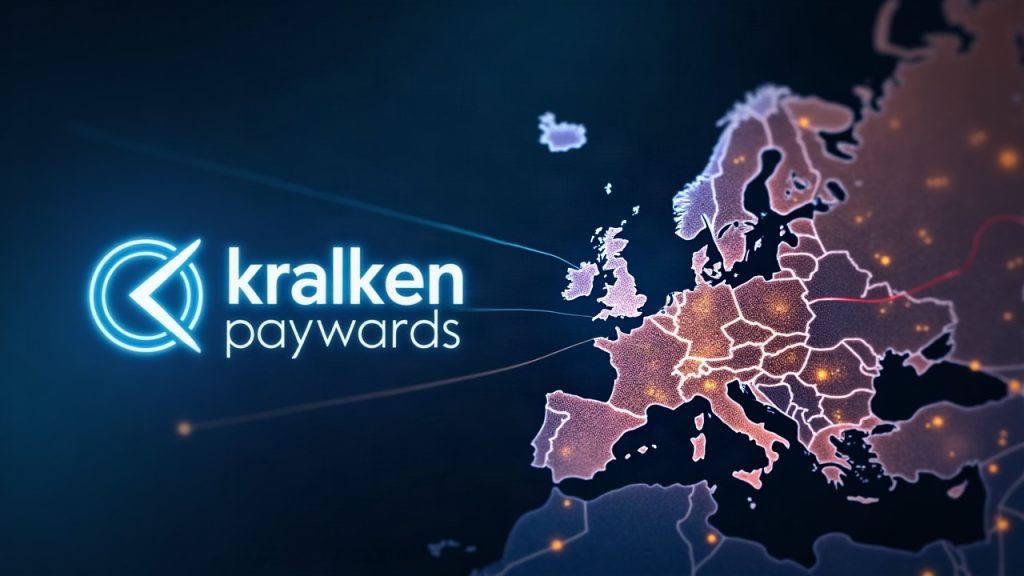 Photorealistic montage of Kraken Payward logo beside Saldo Bank emblem over an EU map with glowing fintech lines.