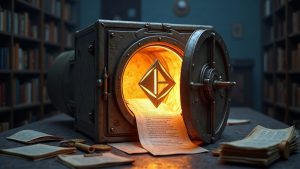 Photorealistic depiction of a legacy MakerDAO contract vault breach with 200 ETH glow and a Tornado Cash icon.