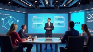 Newsroom setup with a presenter beside a screen illustrating SYRUP buybacks, Q3 results, and on-chain institutional credit.