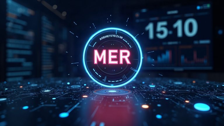 Photorealistic header: futuristic merch platform with on-chain payments, MER token glow, countdown timer, newsroom style