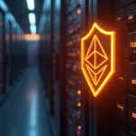 Photorealistic header: Ethereum validators in a data center, shield over a key, with a MetaMask orange glow.