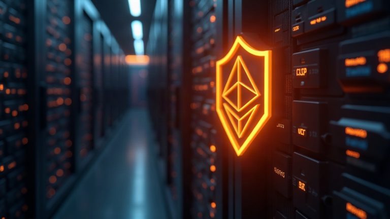 Photorealistic header: Ethereum validators in a data center, shield over a key, with a MetaMask orange glow.