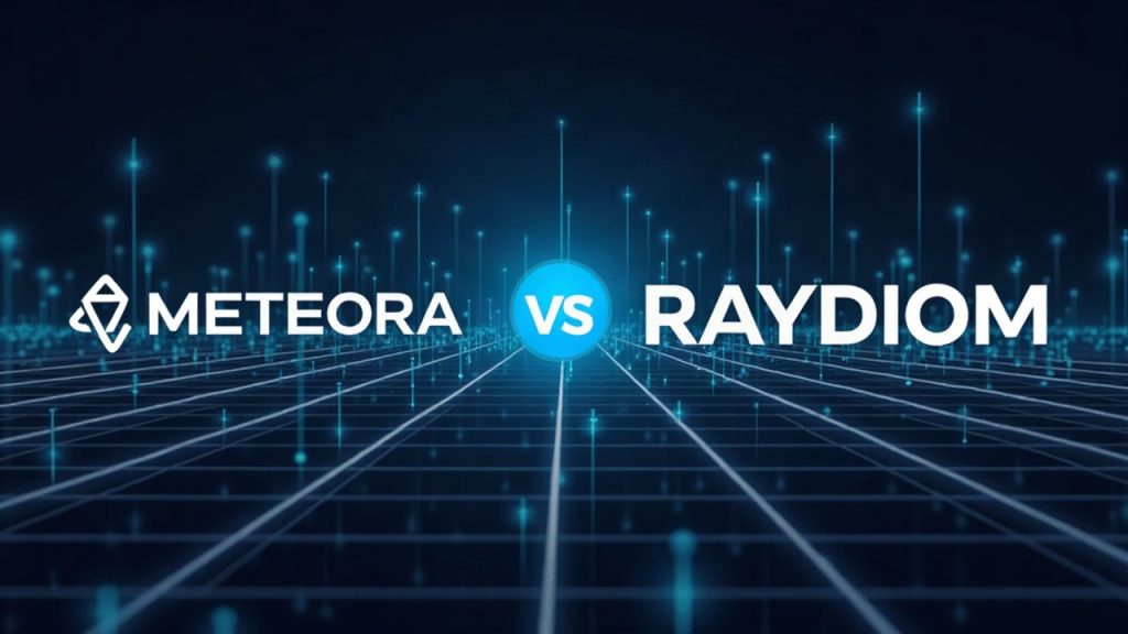 Meteora and Raydium logos on a futuristic Solana grid with rising volume bars, newsroom-ready.
