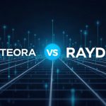 Meteora and Raydium logos on a futuristic Solana grid with rising volume bars, newsroom-ready.