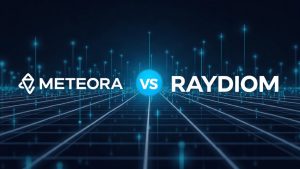 Meteora and Raydium logos on a futuristic Solana grid with rising volume bars, newsroom-ready.