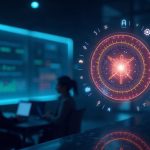 Futuristic newsroom header with NEAR Agent Market contract icons and a glowing NEAR AI stake symbol.