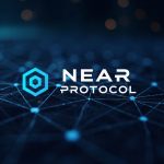 Futuristic newsroom header: NEAR Protocol logo merging into a multi-chain grid, rising intent metrics, and a secure DeFi treasury vault.