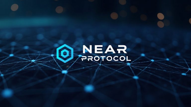 Futuristic newsroom header: NEAR Protocol logo merging into a multi-chain grid, rising intent metrics, and a secure DeFi treasury vault.