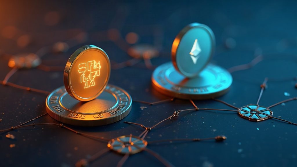Photorealistic scene of OUSG and USDY tokens across networks with a soft question mark, signaling ambiguity over a $75M Stellar issuance.