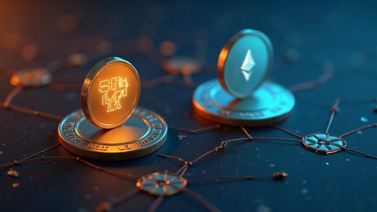 Photorealistic scene of OUSG and USDY tokens across networks with a soft question mark, signaling ambiguity over a $75M Stellar issuance.