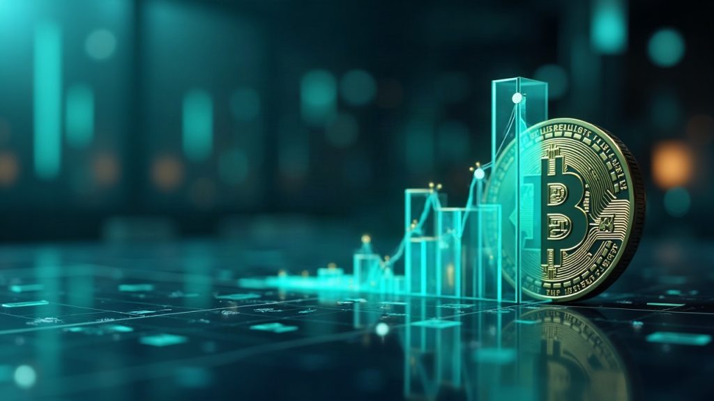 Photorealistic newsroom scene with a Bitcoin-style NFT badge labeled Ordinal Maxi Biz rising into a glowing top-10 chart amid blue-green crypto visuals