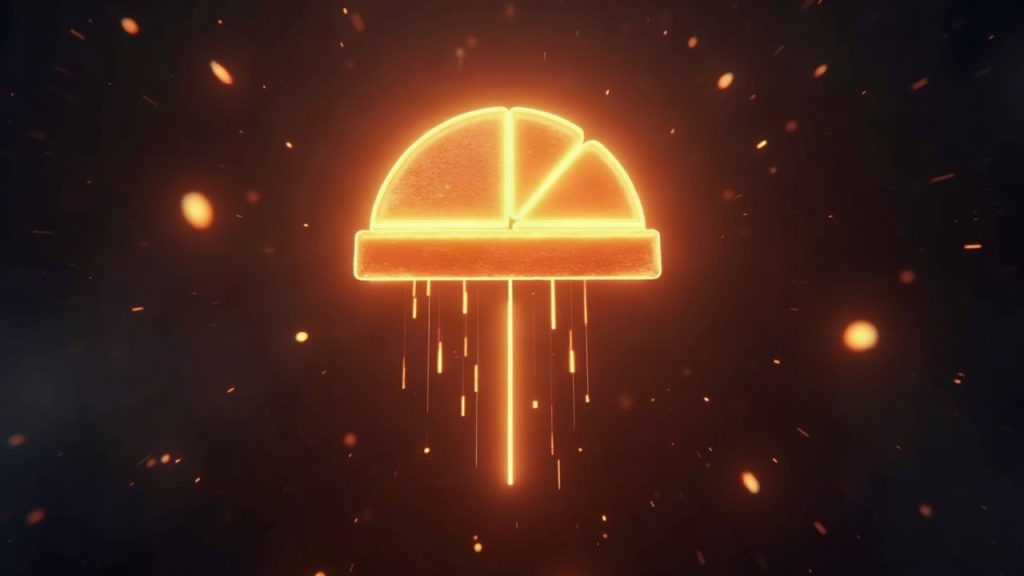Photorealistic close-up of PancakeSwap logo beside a glowing 88/12 pie chart and a CAKE emission arc