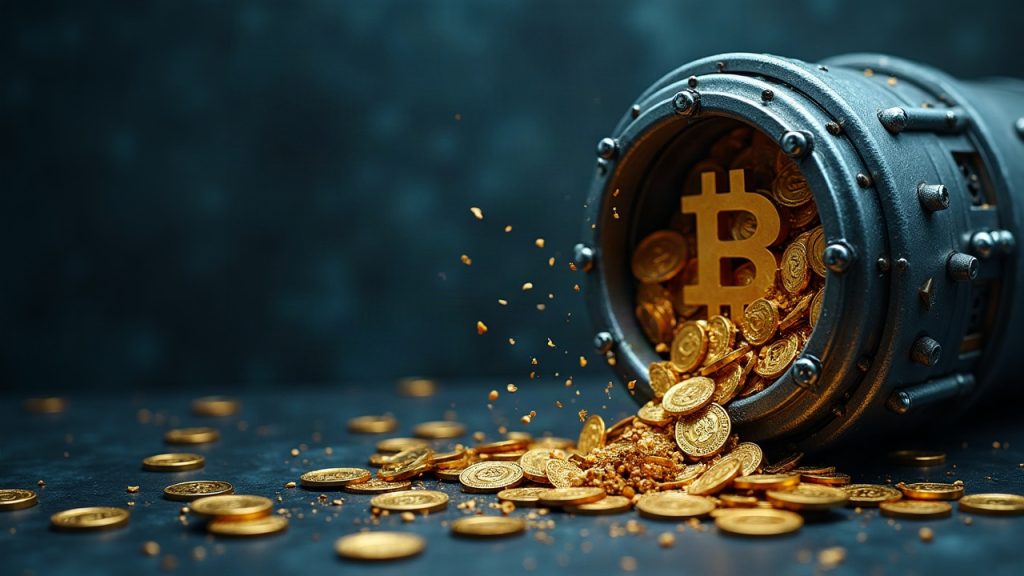 Photorealistic crypto header: cracked seed phrase into escrow vault; QU leakage from 1,404 wallets with verifier UI.