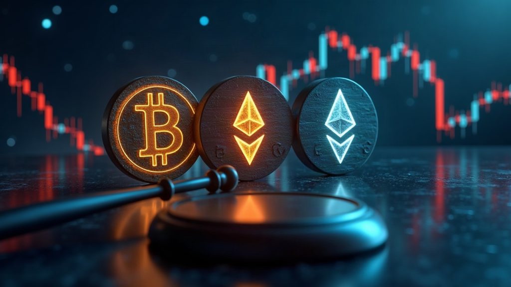 Photorealistic montage of Bitcoin and Ethereum logos with a regulatory gavel, rising ticker, and digital grid.
