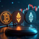 Photorealistic montage of Bitcoin and Ethereum logos with a regulatory gavel, rising ticker, and digital grid.