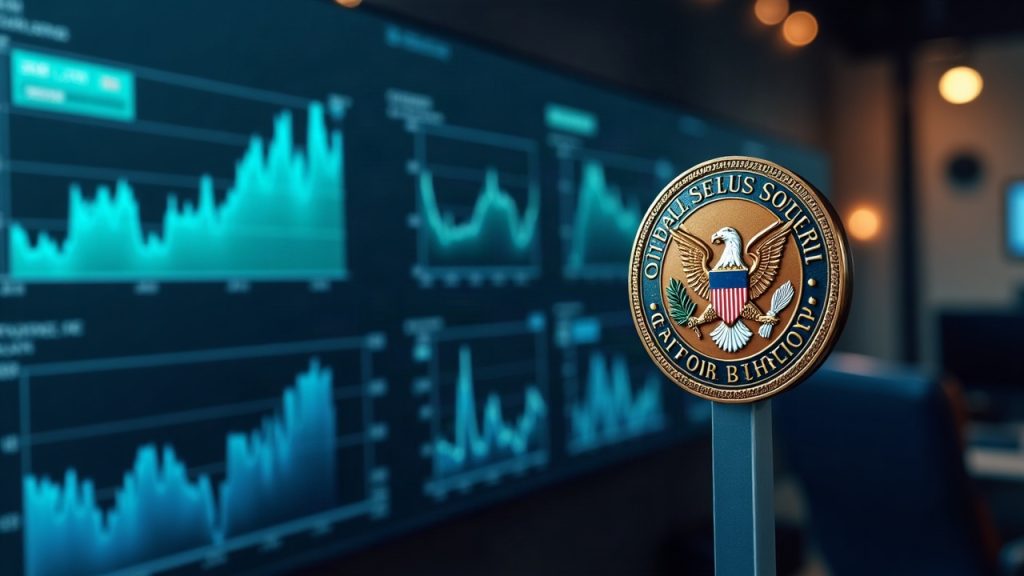 Photorealistic newsroom with KPI charts for Coinbase, Robinhood, and MARA, plus a prominent SEC badge.