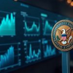 Photorealistic newsroom with KPI charts for Coinbase, Robinhood, and MARA, plus a prominent SEC badge.
