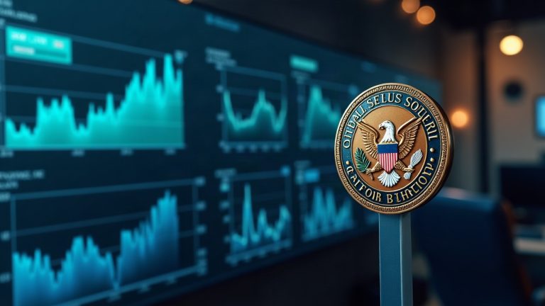 Photorealistic newsroom with KPI charts for Coinbase, Robinhood, and MARA, plus a prominent SEC badge.