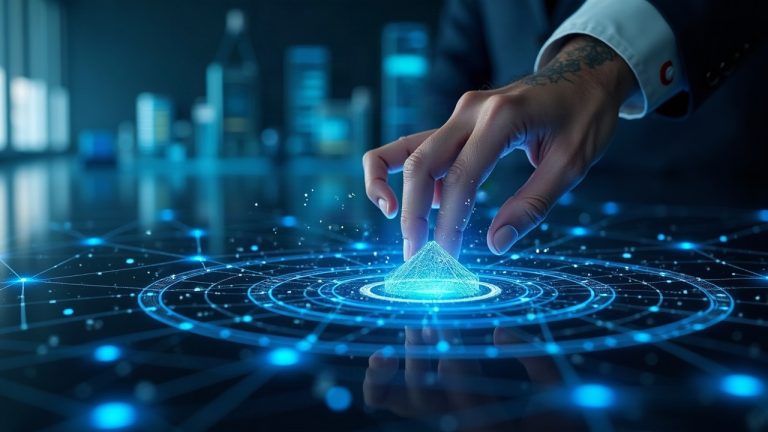 Photorealistic scene of sgBENJI tokenized fund on XRPL with a futuristic HUD, interconnected nodes, and a DBS-inspired logo.