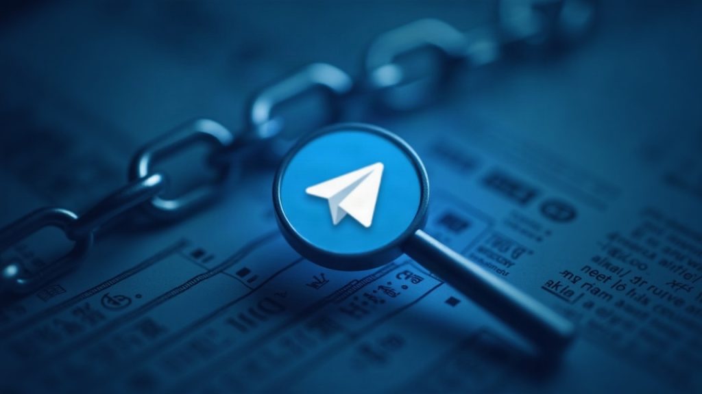 Telegram logo with on-chain glow and magnifying glass over NFT tiles in blue newsroom tones, signaling unverified activity.