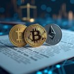Photoreal header with BTC and ETH logos on a legal document, Thai regulatory symbols, and a blockchain grid.