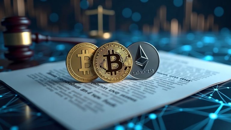 Photoreal header with BTC and ETH logos on a legal document, Thai regulatory symbols, and a blockchain grid.