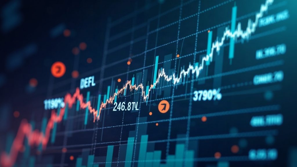 Photorealistic scene: tokenized stocks entering DeFi vaults, TVL at $247.8M with 1960% YoY.