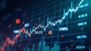 Photorealistic scene: tokenized stocks entering DeFi vaults, TVL at $247.8M with 1960% YoY.