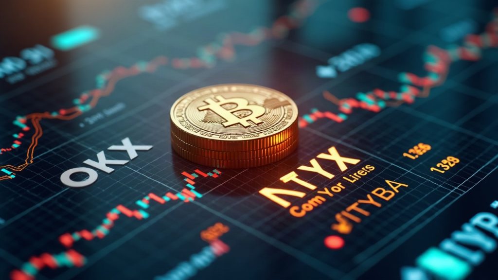 Photorealistic NYSE floor with a hovering digital stock ledger and tokenized certificates; OKX/ICE branding and SEC glow.