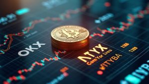 Photorealistic NYSE floor with a hovering digital stock ledger and tokenized certificates; OKX/ICE branding and SEC glow.