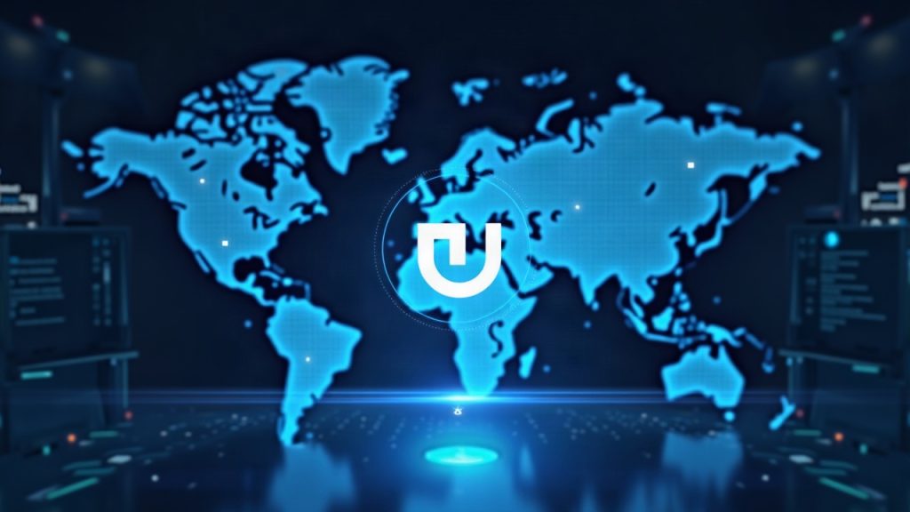 Photorealistic newsroom with a glowing Uniswap logo, streaming USDC into a transparent DEX dashboard against a blue gradient and world map