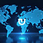 Photorealistic newsroom with a glowing Uniswap logo, streaming USDC into a transparent DEX dashboard against a blue gradient and world map