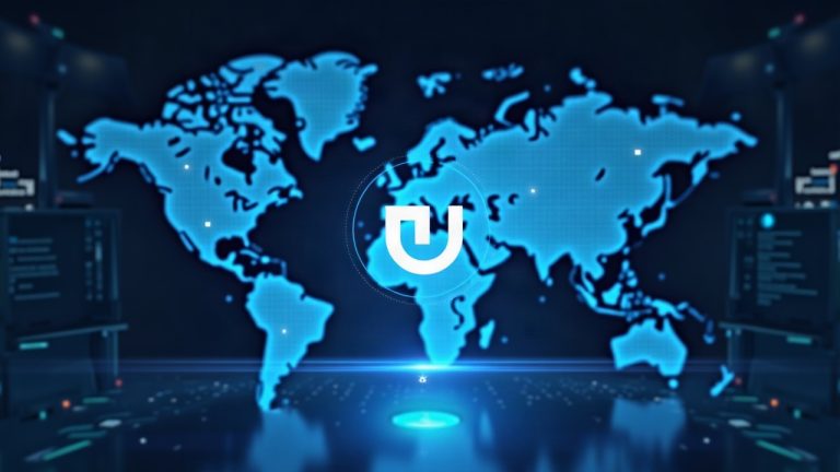 Photorealistic newsroom with a glowing Uniswap logo, streaming USDC into a transparent DEX dashboard against a blue gradient and world map