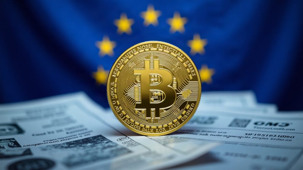 Photorealistic header showing a prominent USDC coin with an EU flag, regulatory documents, and a digital network grid