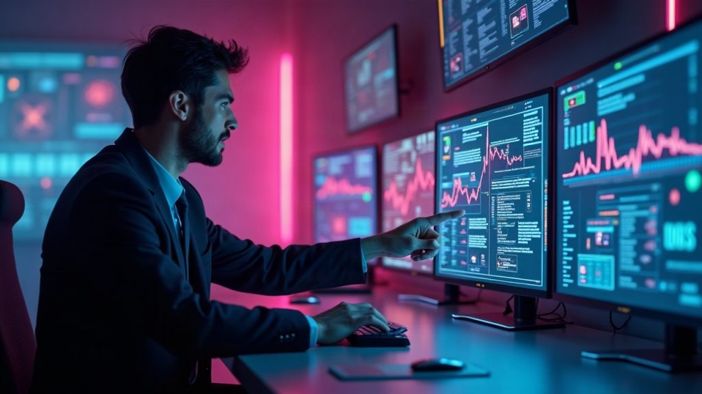 Photorealistic header: analyst at desk with neon timeline of web3 game milestones and logos.